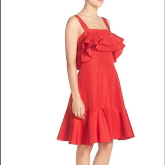 Jill Stuart | Red Frida Ruffle Hem Silk Cotton Blend Pockets Dress NWOT Size 0 - Picture 2 of 11